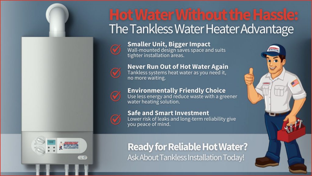 This is an image of a tankless water heater. The headline reads hot water without the hassle: the tankless water heater advantage.