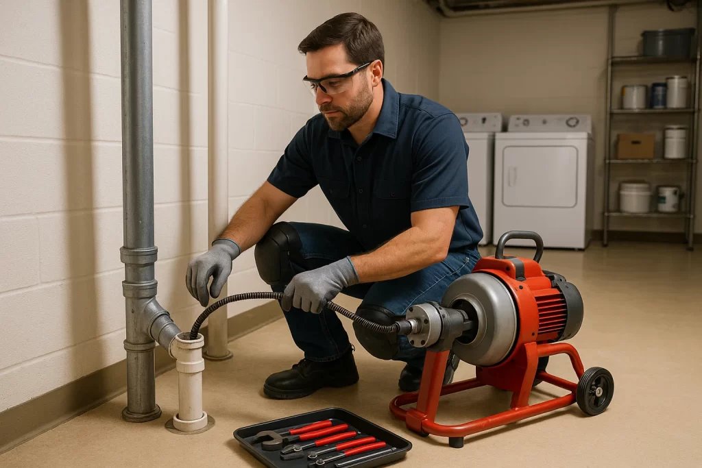 A dedicated plumber, dressed in gloves, safety glasses, and kneepads, is intently operating a professional drain-snake machine into a clean-out pipe in the basement of a house.