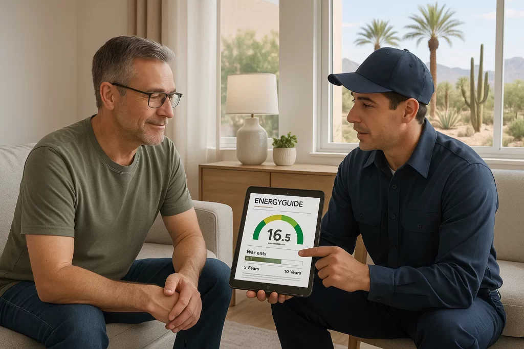 Homeowner and HVAC technician reviewing AC replacement options in Las Vegas living room.