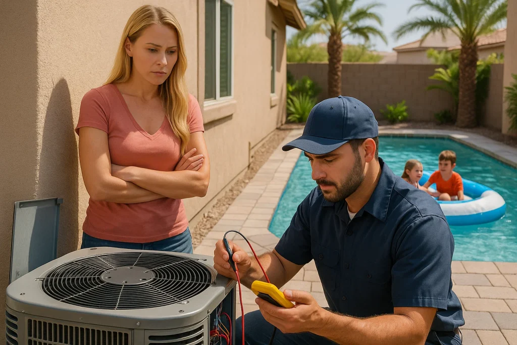 Las Vegas homeowner reviewing broken AC issue with technician checking unit.