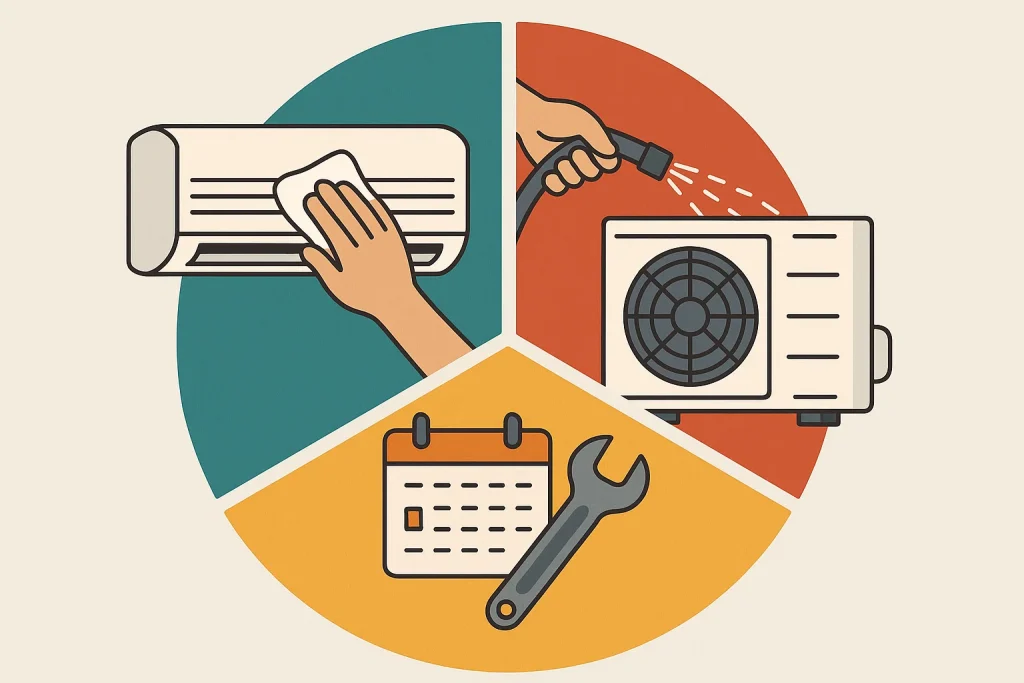 3 panel infographic of 3 helpful AC tips.