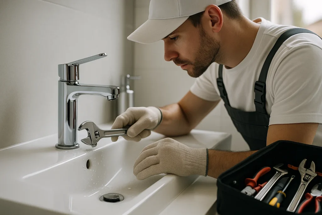 Plumber tightening faucet base to repair bathroom leak