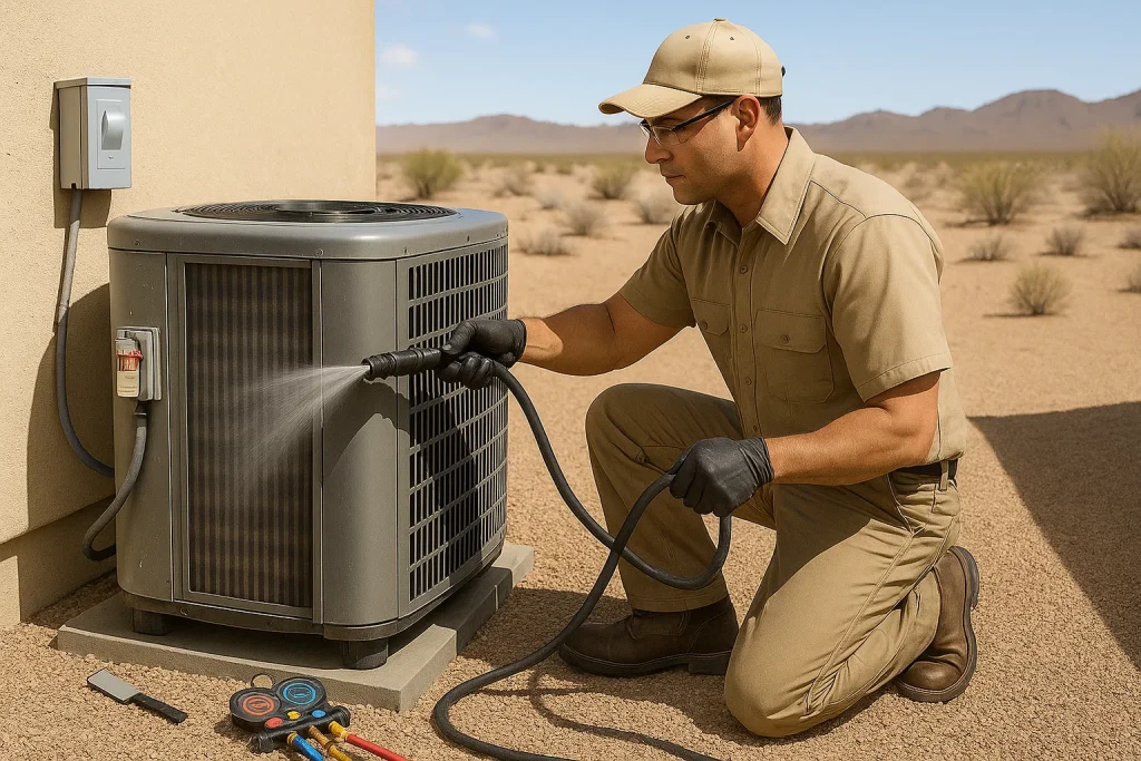 Technician safely cleaning condenser coils and checking gauges in a desert backyard
