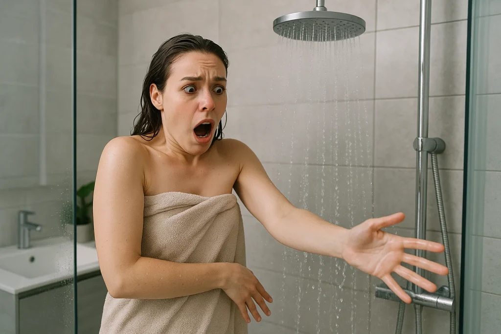 An image of a women shocked by a cold shower.