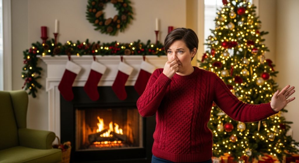 a homeowner with a disgusted expression and pinching their nose. the room behind them is tastefully decorated for the holidays