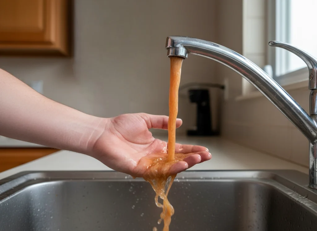 Kitchen sink running brown‑tinted hot water from failing water heater showing rusty water warning sign