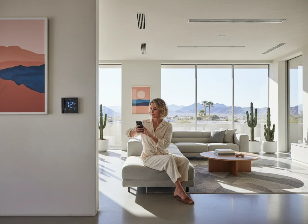 Homeowner adjusting smart thermostat in Las Vegas home with zoned heating system