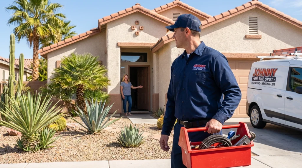 Johnny’s professional plumber arrives at a Las Vegas home to assist with a stubborn drain clog after the holidays.