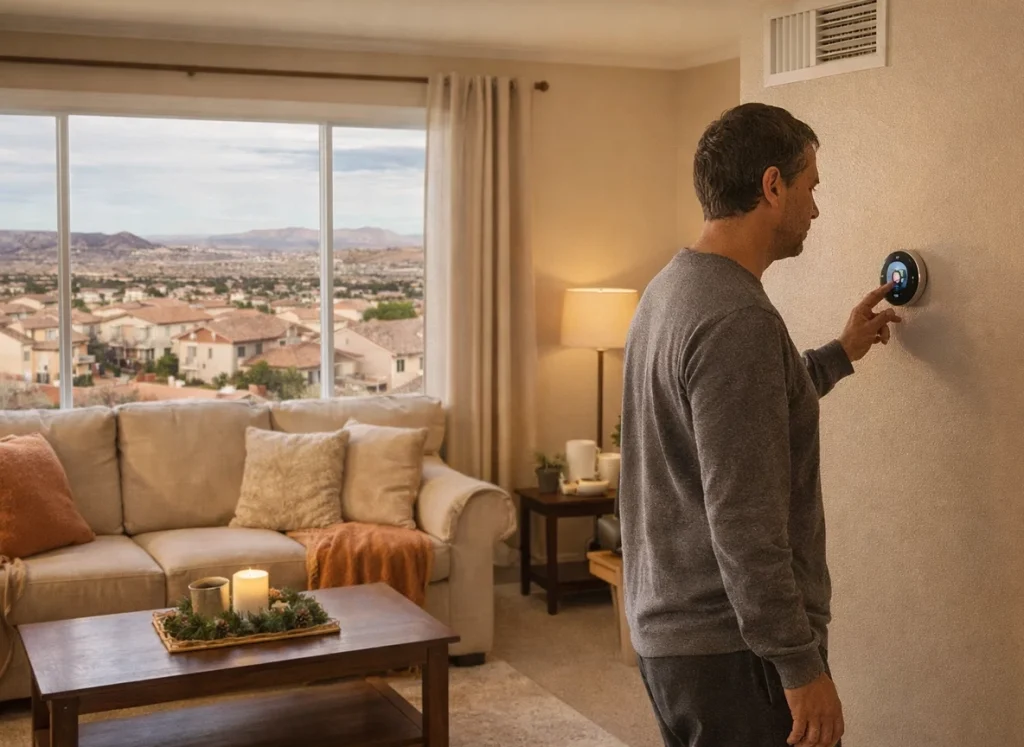 Homeowner adjusting smart thermostat for comfortable winter setting in Las Vegas living room