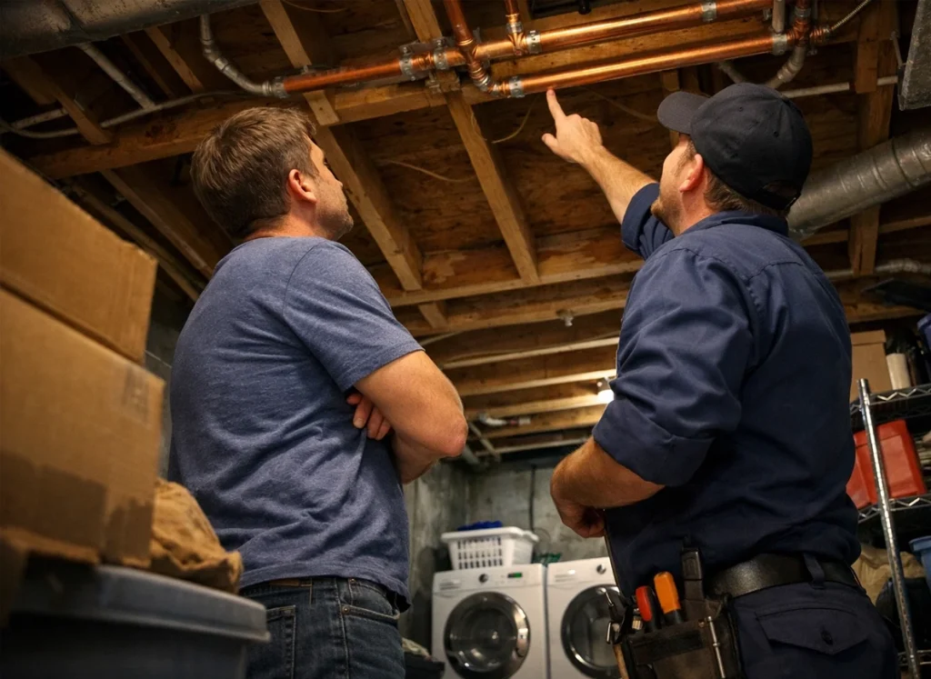 An image of a plumber and a homeowner looking at the pipes in his basement ceiling.