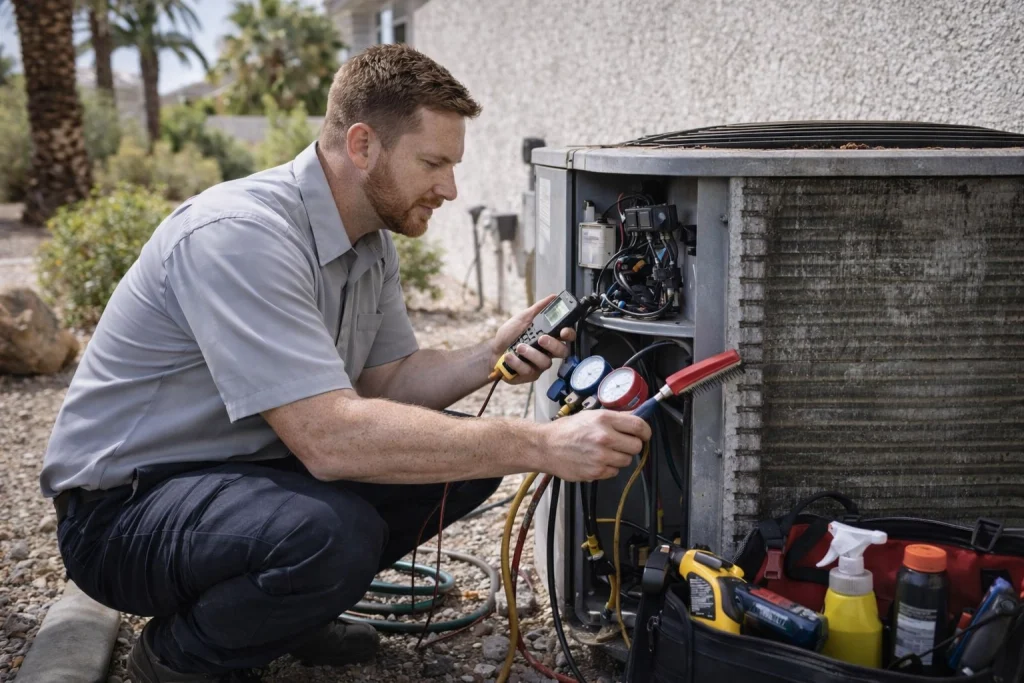 HVAC technician servicing air conditioner in Las Vegas
