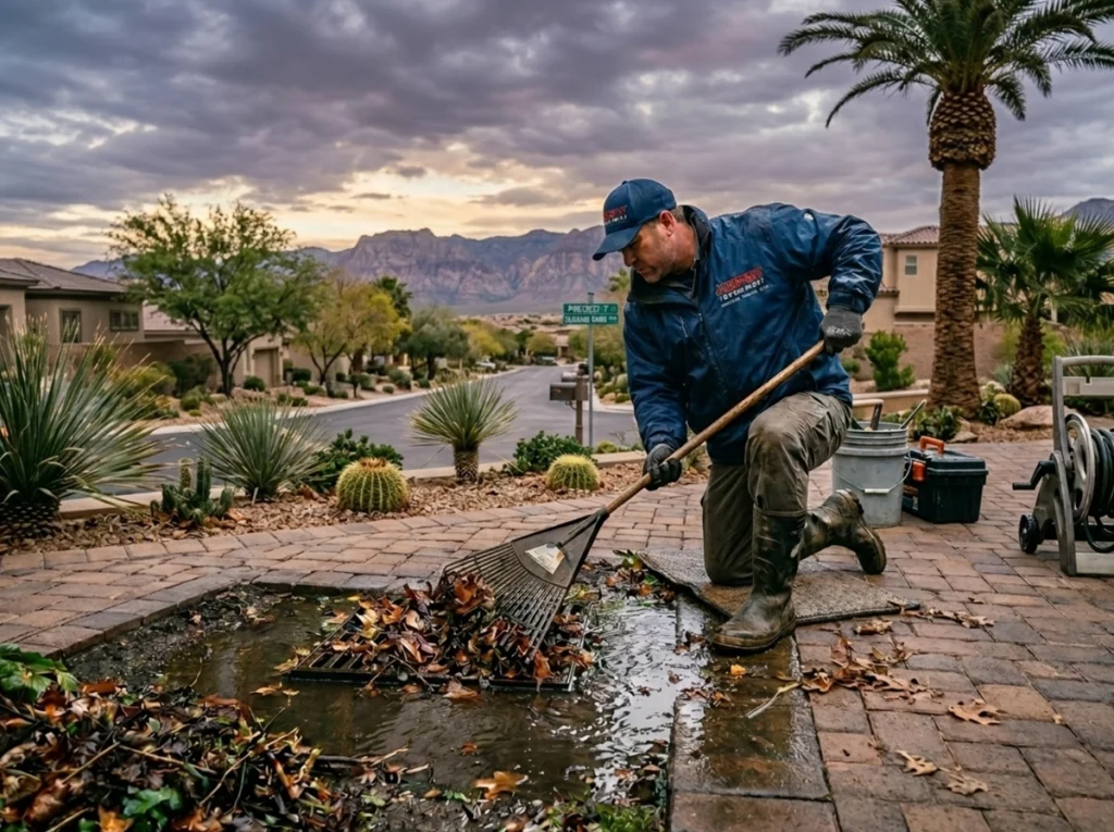Plumber performing preventive drain cleaning after spring rain