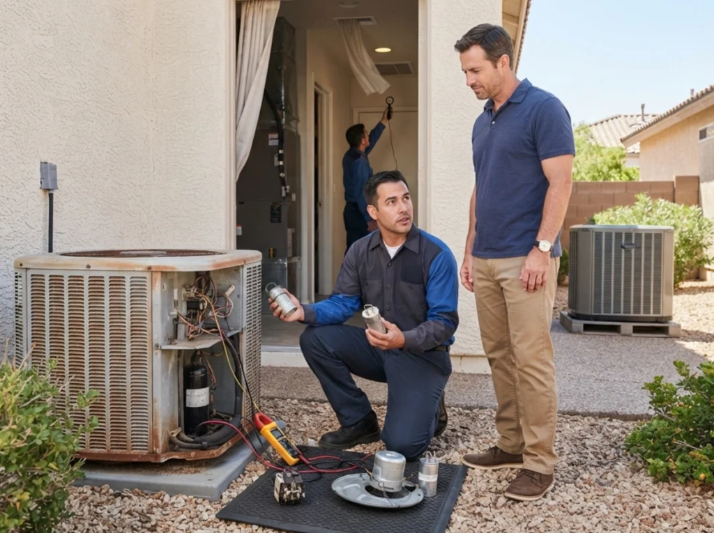 A homeowner evaluating an aging AC before Vegas summer heat