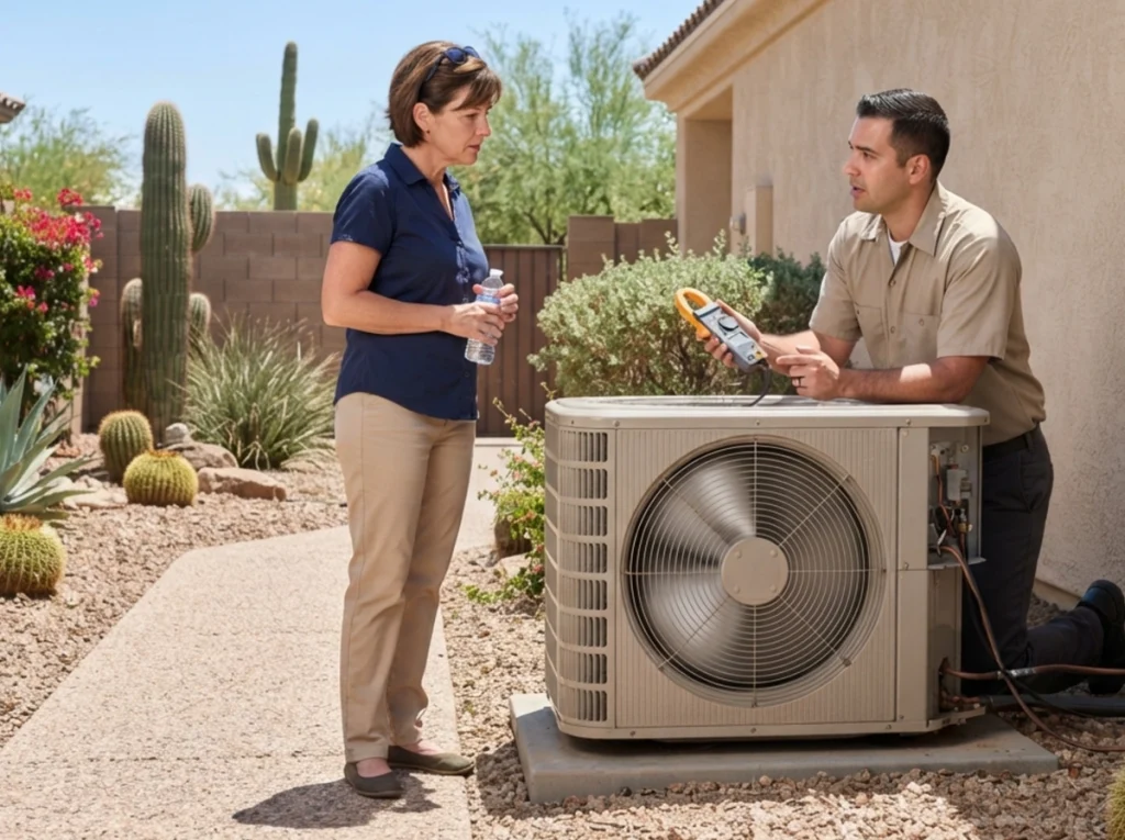 Las Vegas homeowner discussing AC short cycling with an HVAC technician
