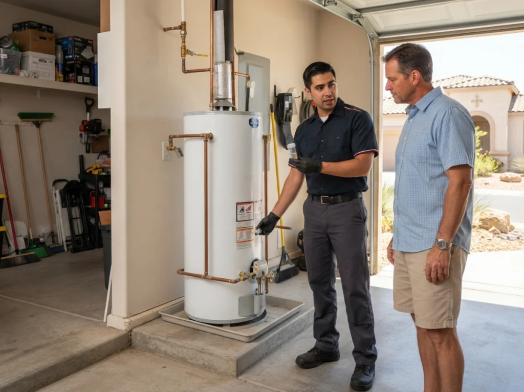 Las Vegas plumber showing water heater sediment to homeowner