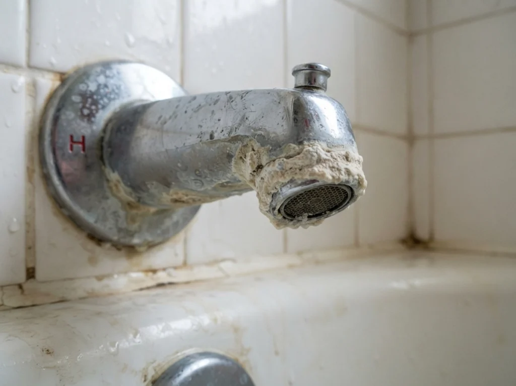 Calcium buildup on a bathtub faucet