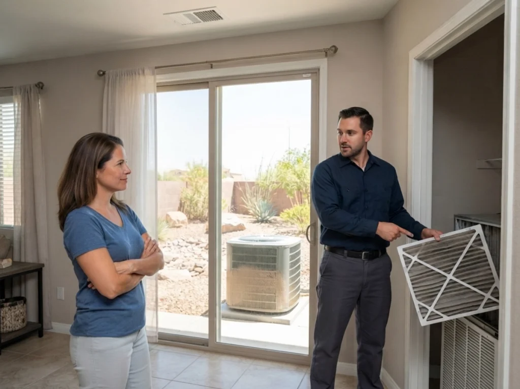 Las Vegas homeowner reviewing weak airflow while the AC runs constantly