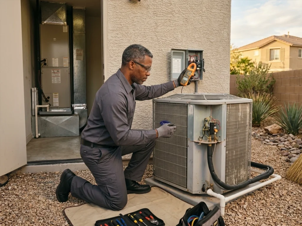 HVAC technician inspecting an air conditioner after extreme Las Vegas summer heat
