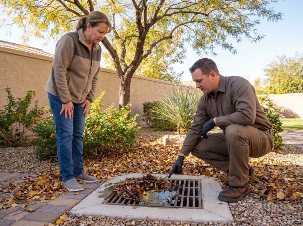 Paradise homeowner checking outdoor drain for fall debris and pooling water